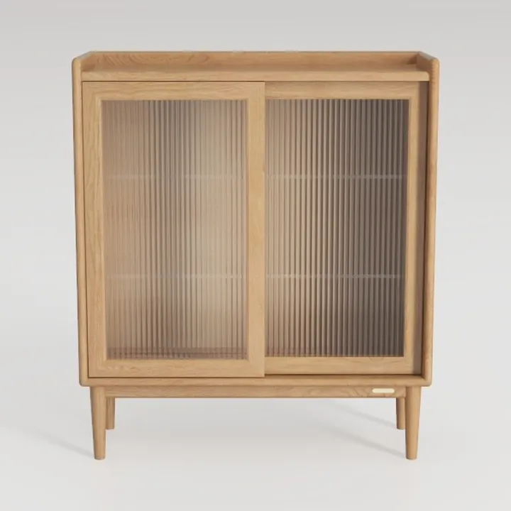 Minimalist Solid Oak Fluted Glass Sliding Door Cabinet 3D Model