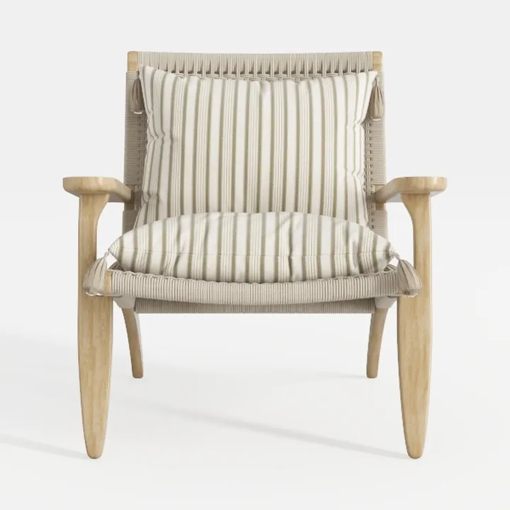 Modern Solid Wood Fabric Rattan Armchair with Striped Cushions 3D Model