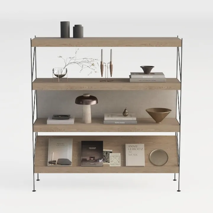 Minimalist Solid Wood Metal Open Bookshelf Storage Display 3D Model