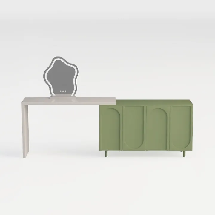Minimalist Solid Wood Vanity Table with Storage Cabinet and Irregular LED Mirror 3D Model