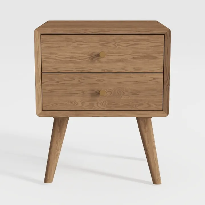 Mid-Century Solid Oak Wood 2 Drawer Nightstand 3D Model