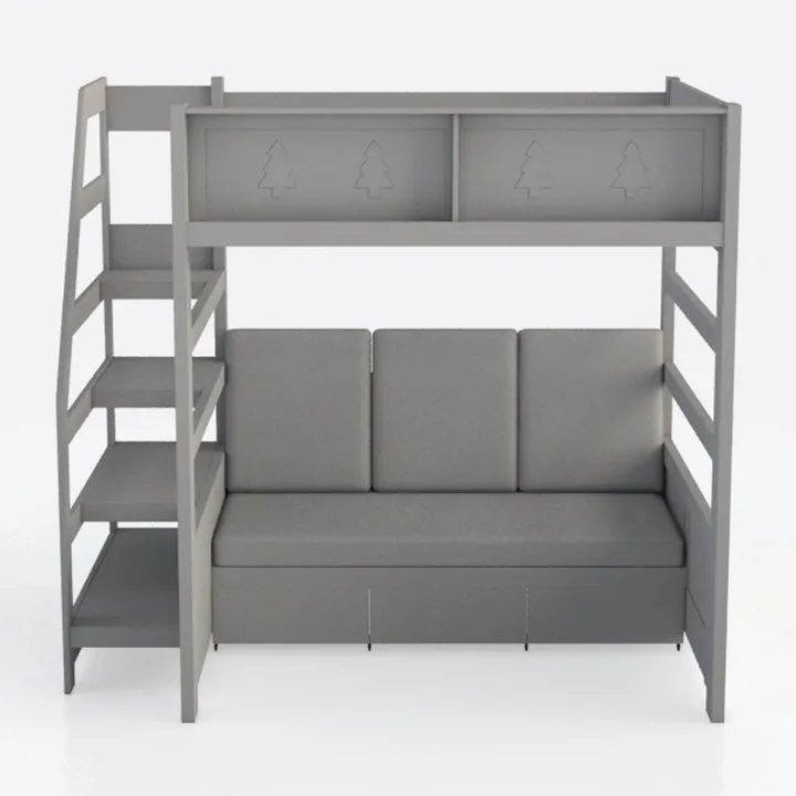 Minimalist Gray Fabric Bunk Bed with Built in Sofa and Storage Shelves 3D Model