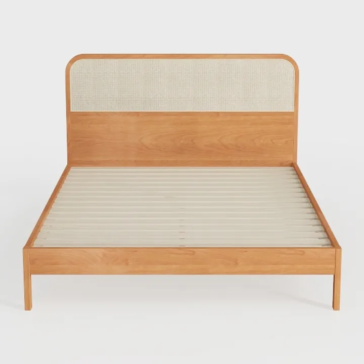 Minimalist Japandi Solid Wood Rattan King Size Bed 3D Model