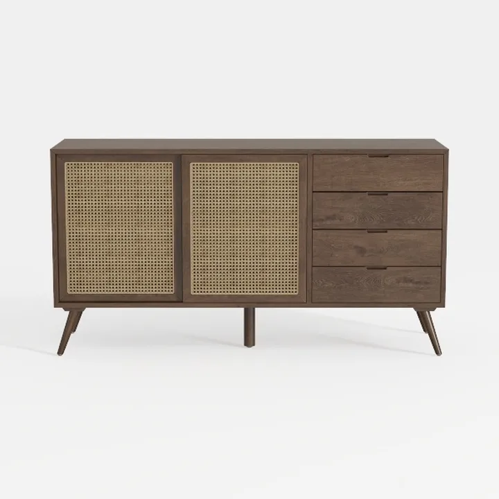 Mid Century Modern Walnut Rattan Sideboard Storage Cabinet 3D Model