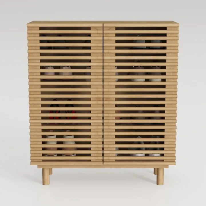 Minimalist Solid Oak Slatted Shoe Cabinet Storage 3D Model