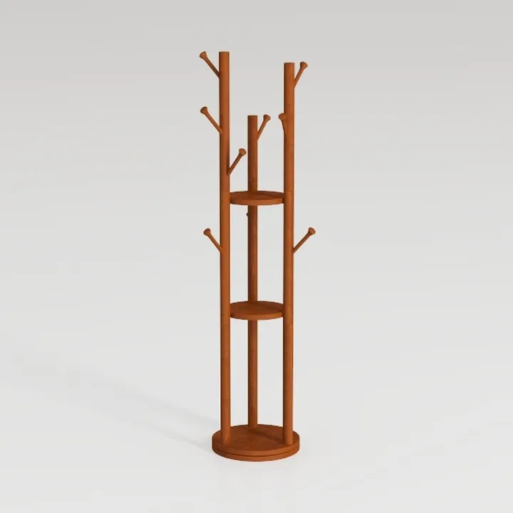 Minimalist Solid Wood Freestanding Coat Rack With Storage Shelves 3D Model