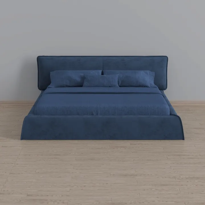 Minimalist Navy Blue Velvet Platform Bed 3D Model