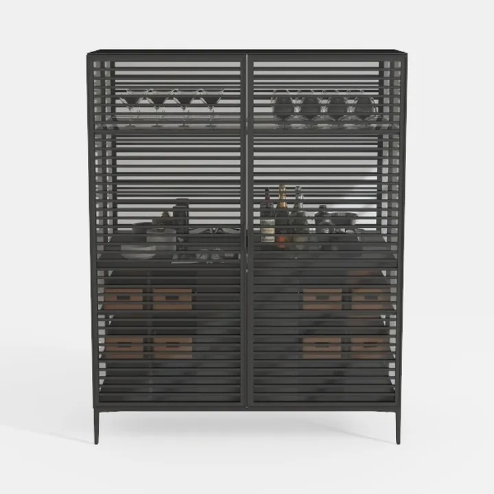 Modern Industrial Black Metal Wood Slatted Bar Cabinet 3D Model