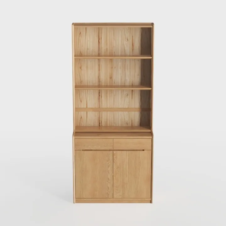 Minimalist Solid Oak Wood Bookshelf Cabinet With Storage Drawers Doors 3D Model
