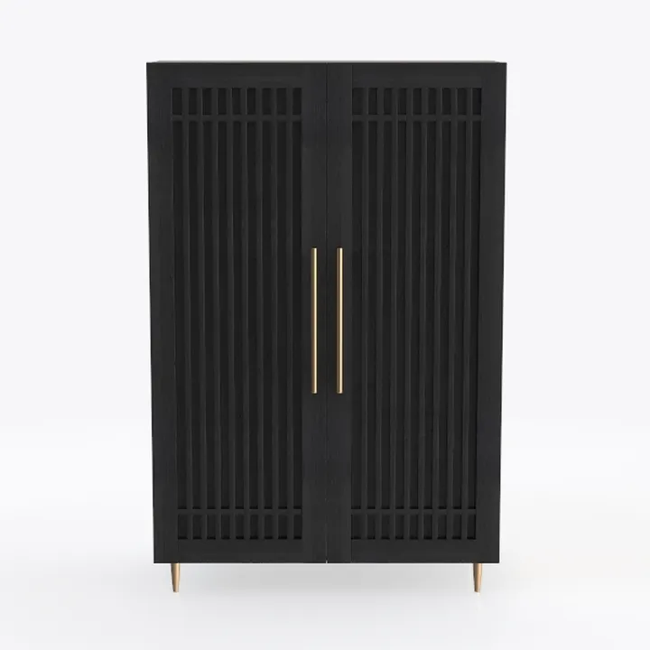 Modern Black Solid Wood Gold Accent Slatted Door Wardrobe Cabinet 3D Model