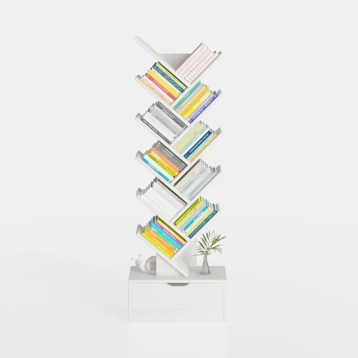 Minimalist White Solid Wood Bookshelf with Drawer Storage 3D Model