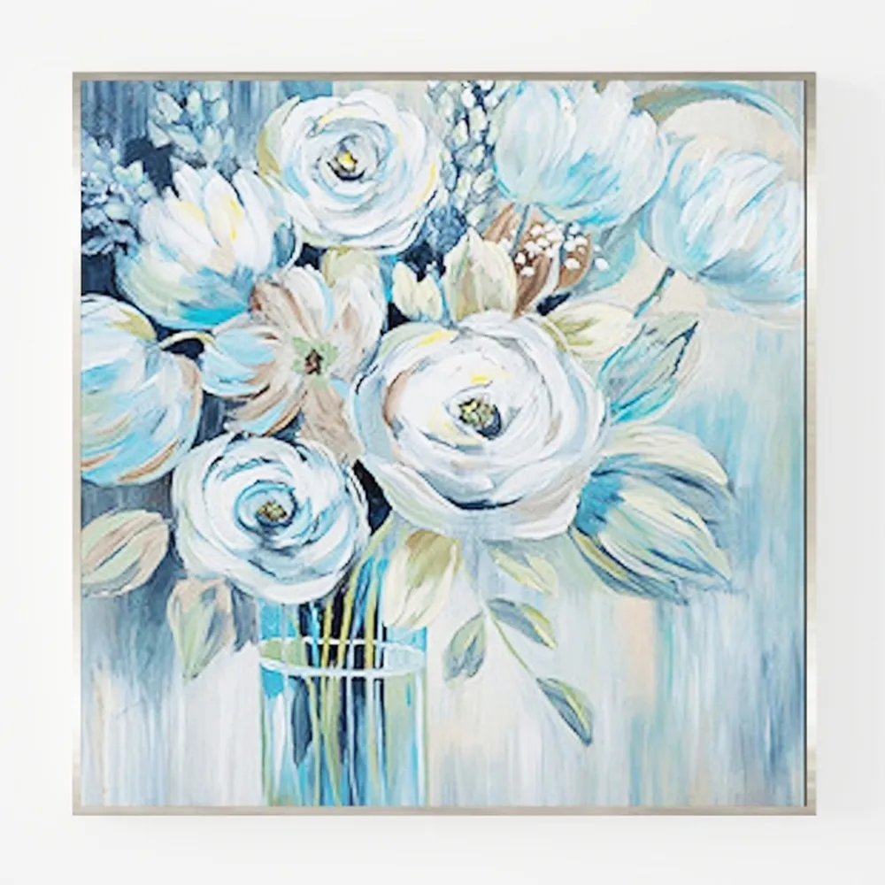 Bathroom Flower Picture Wall Art White and Blue