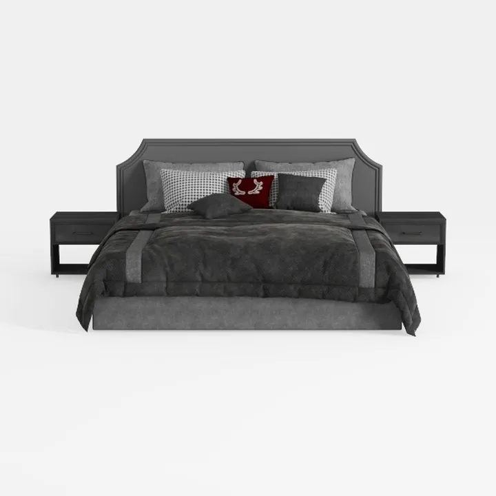 Modern Dark Fabric Upholstered King Bed with Matching Nightstands 3D Model