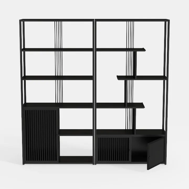 Modern Black Metal Open Bookshelf With Cabinet Doors 3D Model