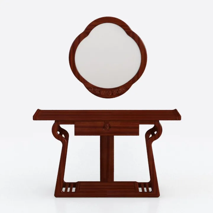 Solid Wood Vintage Vanity Table with Round Wall Mirror 3D Model
