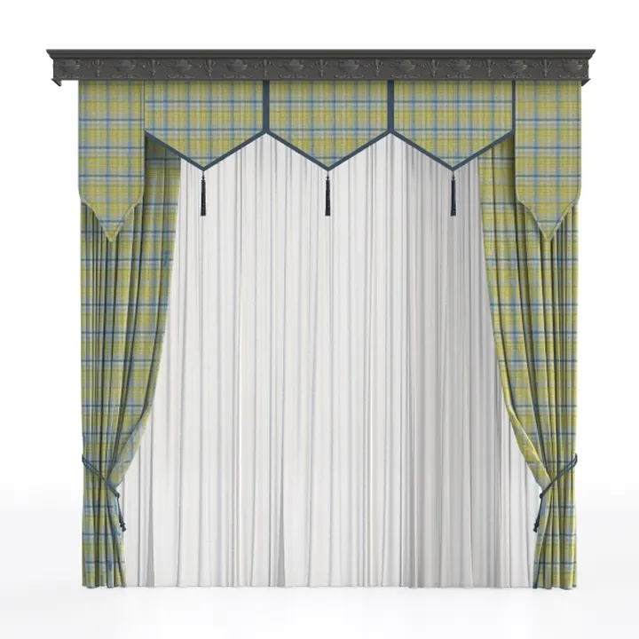 Classic Plaid Fabric Window Curtains With Valance Tassel Decor 3D Model