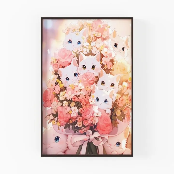 Cute Floral Kitten Cartoon Framed Wall Art 3D Model