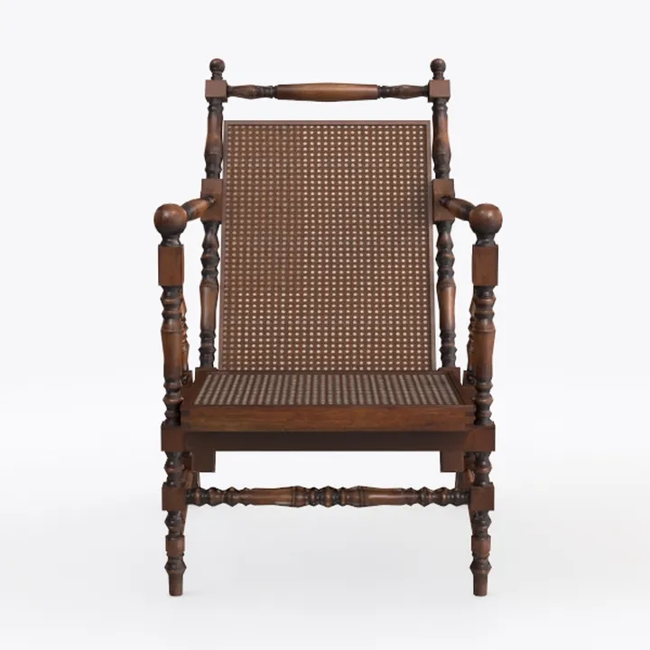 Brown Rubberwood Armless Accent Chair with PE Ratt