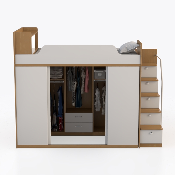 Wood Loft Bed Full Size with Build-in Wardrobes Ca