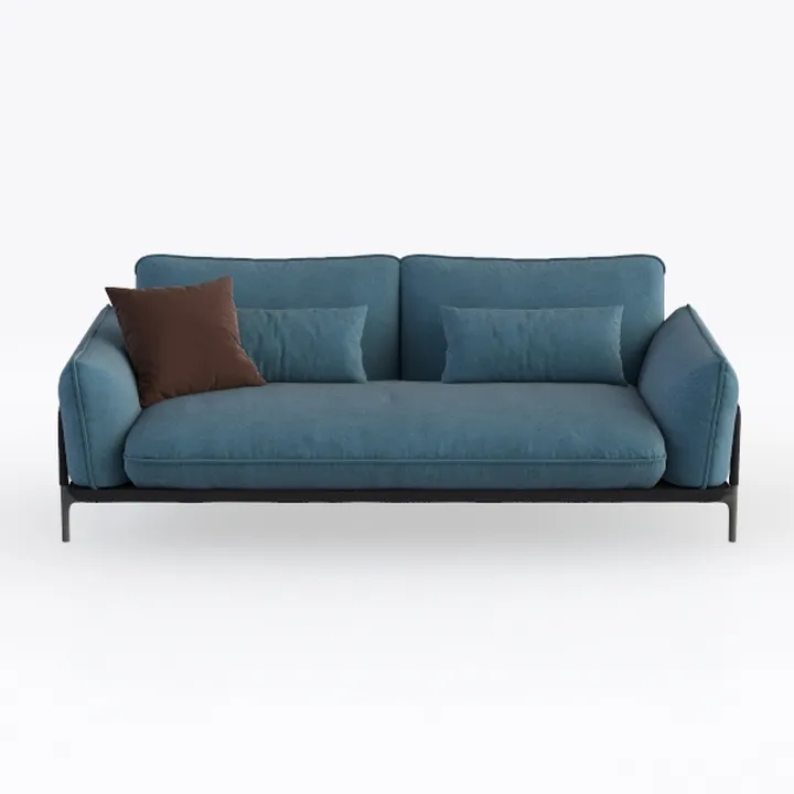 Modern Minimalist Blue Fabric Sofa With Accent Pillows 3D Model