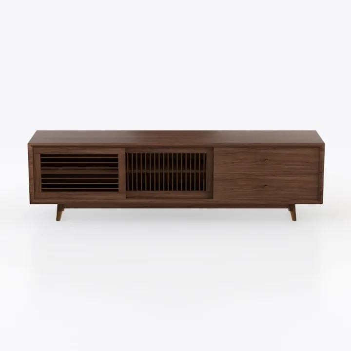 Mid Century Walnut Wood TV Stand Cabinet With Slatted Doors 3D Model