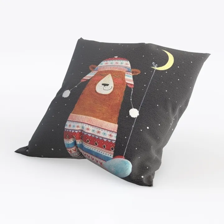 Christmas Themed Linen Throw Pillow With Cute Bear Moon Print 3D Model