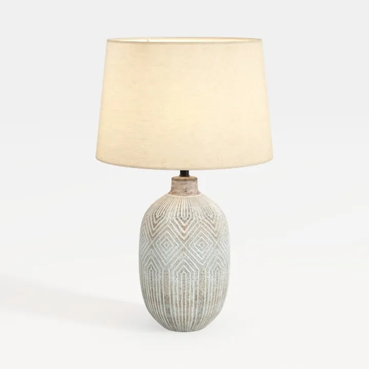Bohemian Carved Ceramic Table Lamp With Linen Shade 3D Model
