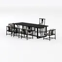 Minimalist Black Metal Fabric Dining Table Set 3D Model Left 45 Degree View