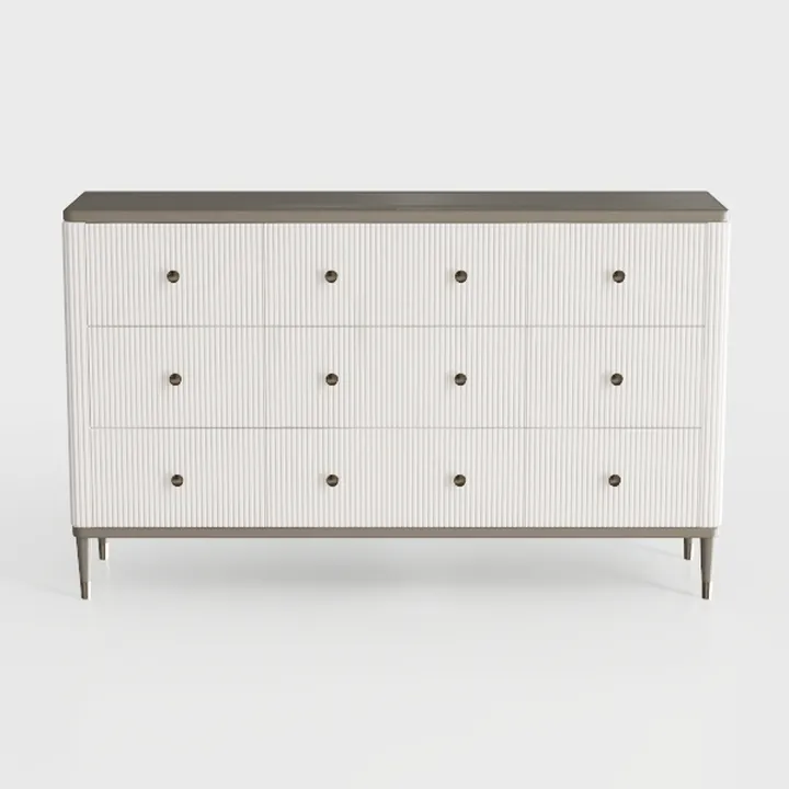 Minimalist Fluted White Solid Wood Dresser with Metal Accents 3D Model