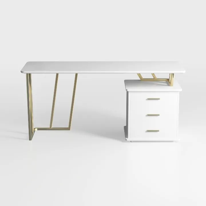 Modern White Gold Metal Office Desk With Storage Drawers 3D Model