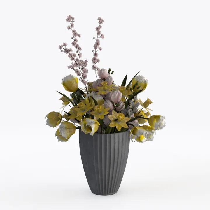 Modern Concrete Vase with Mixed Floral Arrangement 3D Model