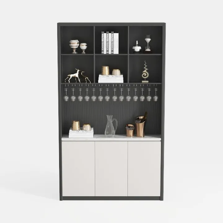 Modern Minimalist Metal Wood Wine Bar Cabinet With Glass Rack 3D Model