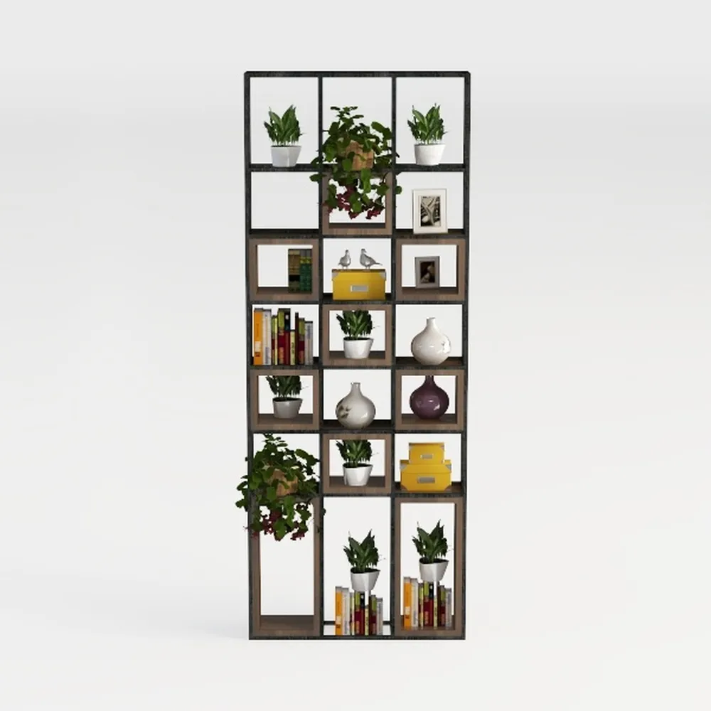 NUMENN Triple Wide 6 Tier Bookshelf, Rustic Indust