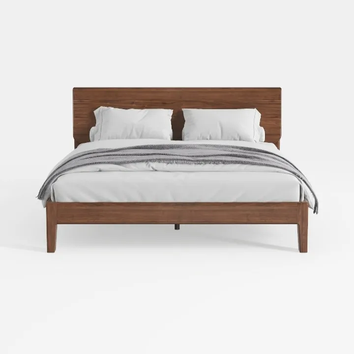 Minimalist Solid Walnut Wood King Bed with Bedding 3D Model
