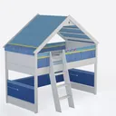 Modern Kids Solid Wood House Bunk Bed With Blue Fabric Decor 3D Model Right 45 Degree View