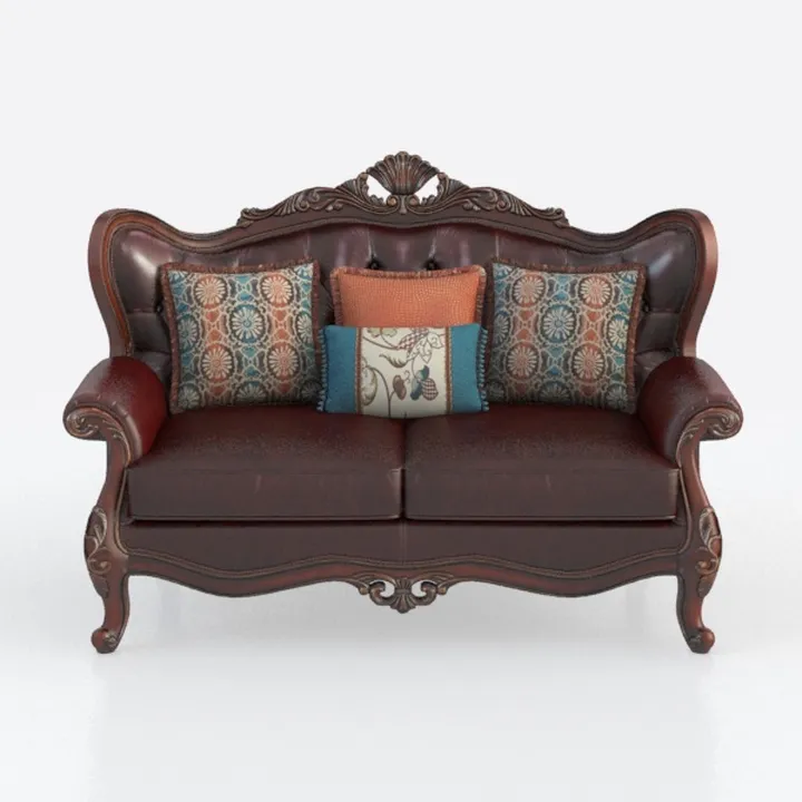 Vintage Carved Solid Wood Leather Loveseat with Decorative Throw Pillows 3D Model
