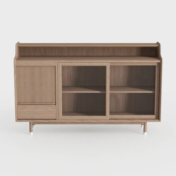 Minimalist Solid Wood Sideboard with Sliding Doors and Open Shelves 3D Model