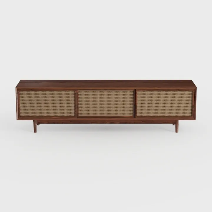 Mid Century Walnut Rattan TV Stand Cabinet 3D Model