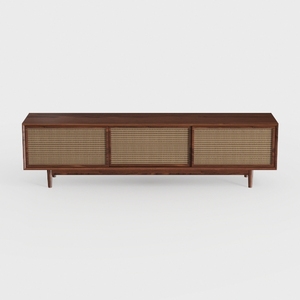 Mid Century Walnut Rattan TV Stand Cabinet 3D Model