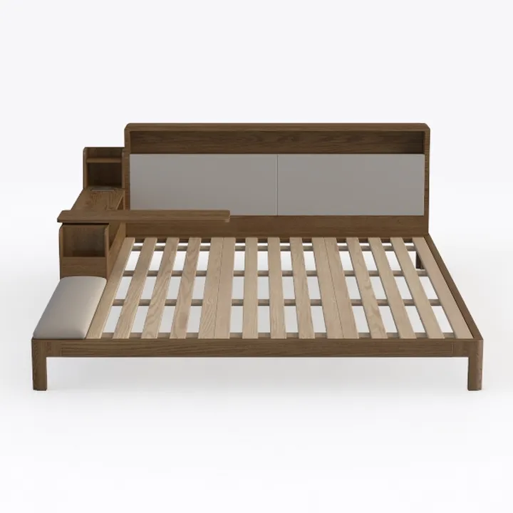 Modern Solid Wood Upholstered Platform Bed with Side Storage Bench 3D Model