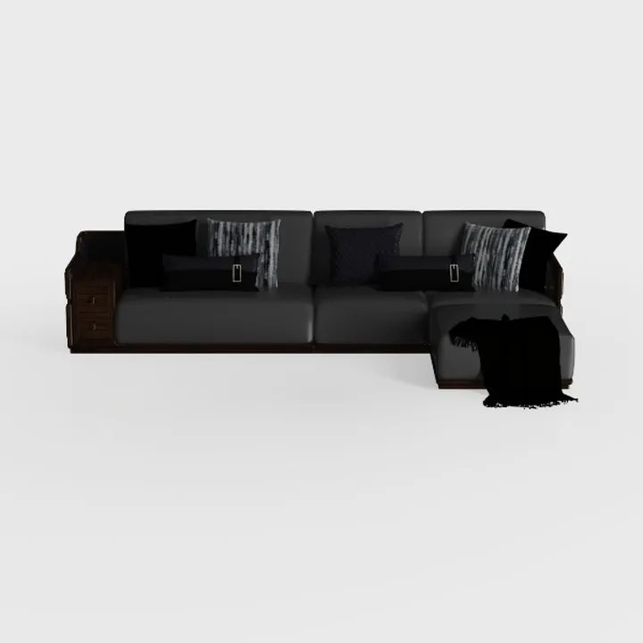 Modern Dark Leather Solid Wood L-shaped Sectional Sofa 3D Model