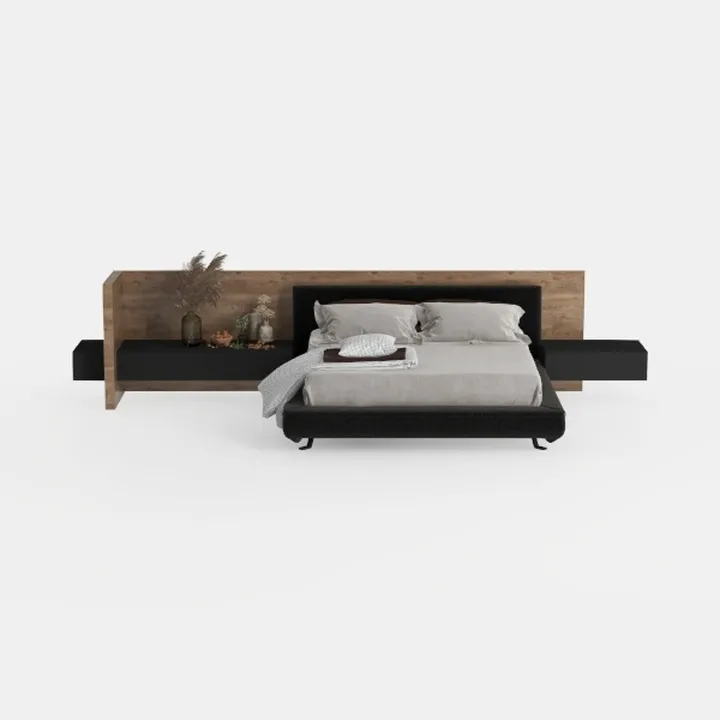 Modern Solid Wood Black Upholstered Platform Bed with Floating Side Shelves 3D Model