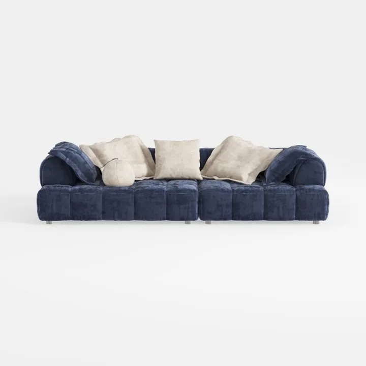 Modern Navy Velvet Oversized Sofa with Throw Pillows and Blanket 3D Model