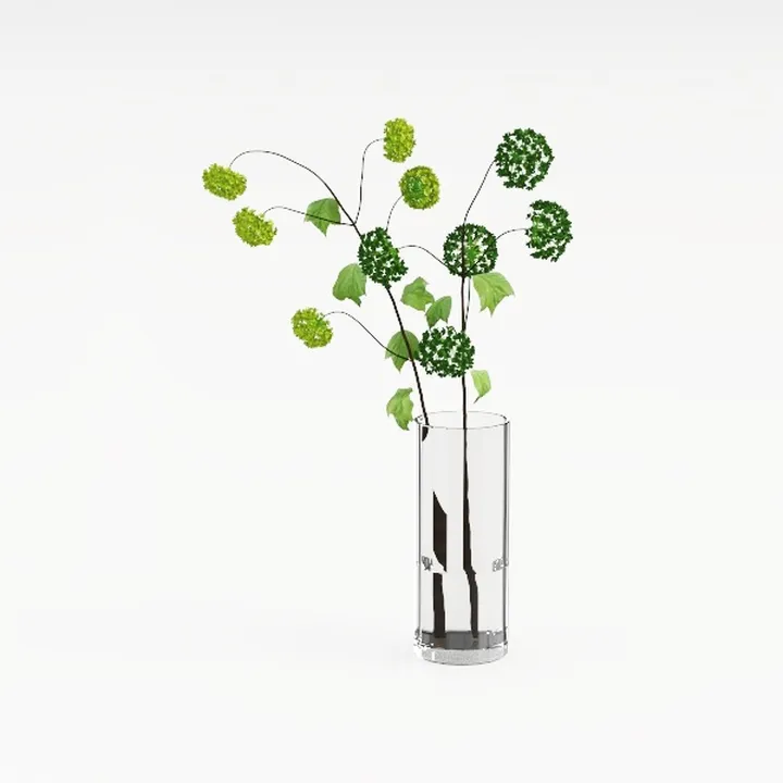 Minimalist Clear Glass Vase with Green Floral Arrangement 3D Model