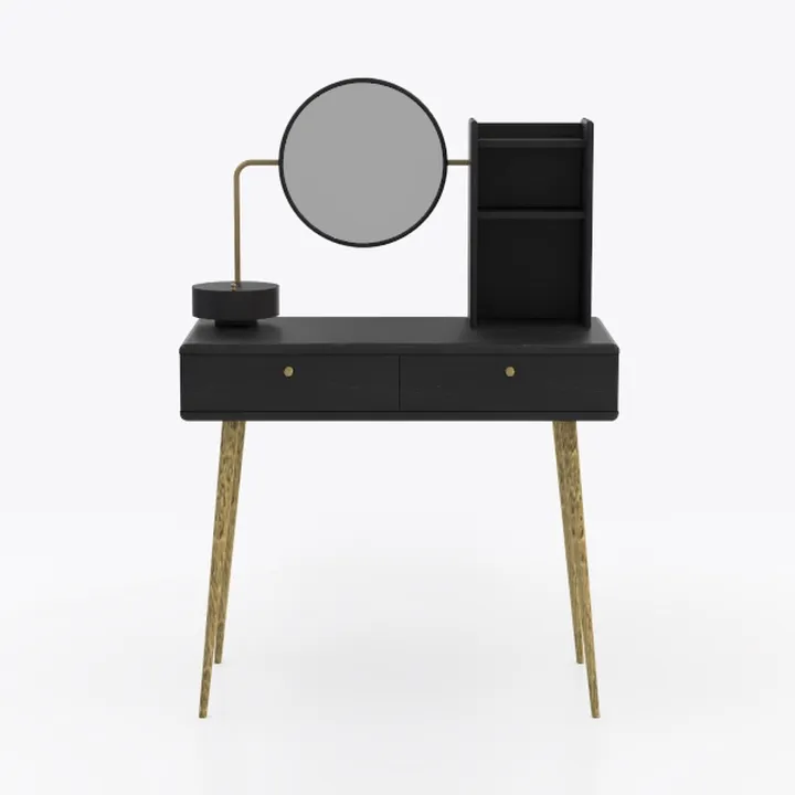 Modern Black Solid Wood Gold Accent Vanity Table with Round Mirror 3D Model