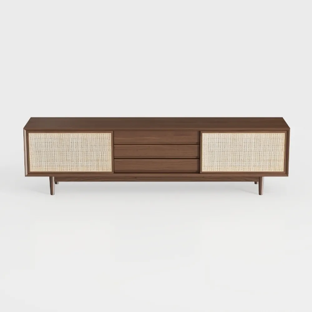 Rattan TV Stand for 55 65 75" TVs, Wood TV Stand