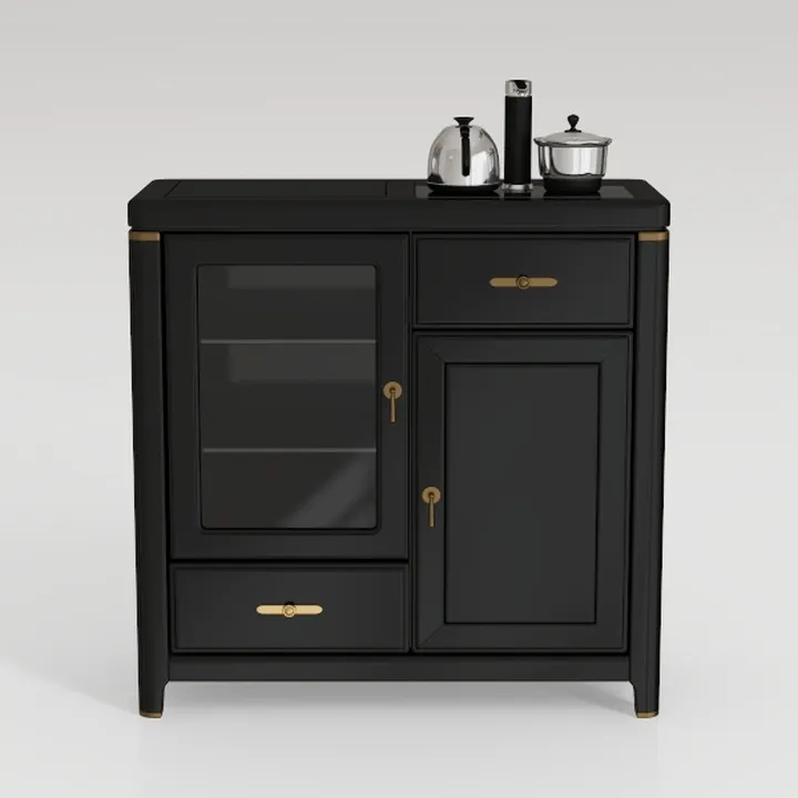 Modern Black Solid Wood Brass Accent Buffet Cabinet 3D Model