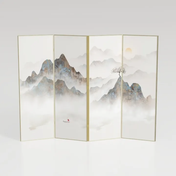 Minimalist Chinese Style Landscape Printed Room Divider Screen 3D Model