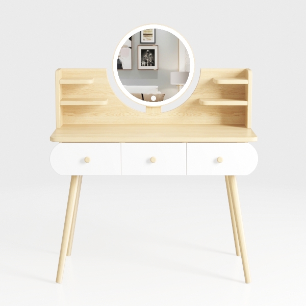 2-Piece White and Natural Makeup Vanity Set with L