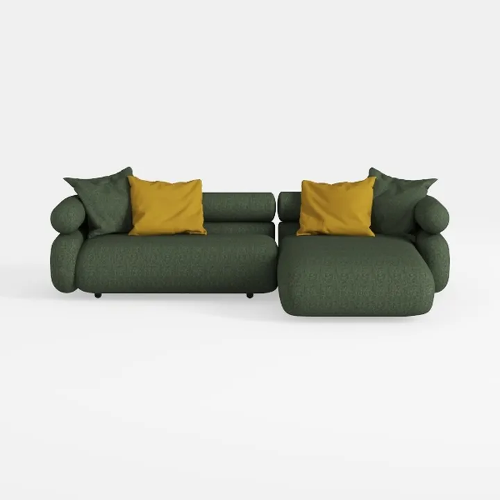 Minimalist Dark Green Fabric L Shaped Sectional Sofa with Throw Pillows 3D Model